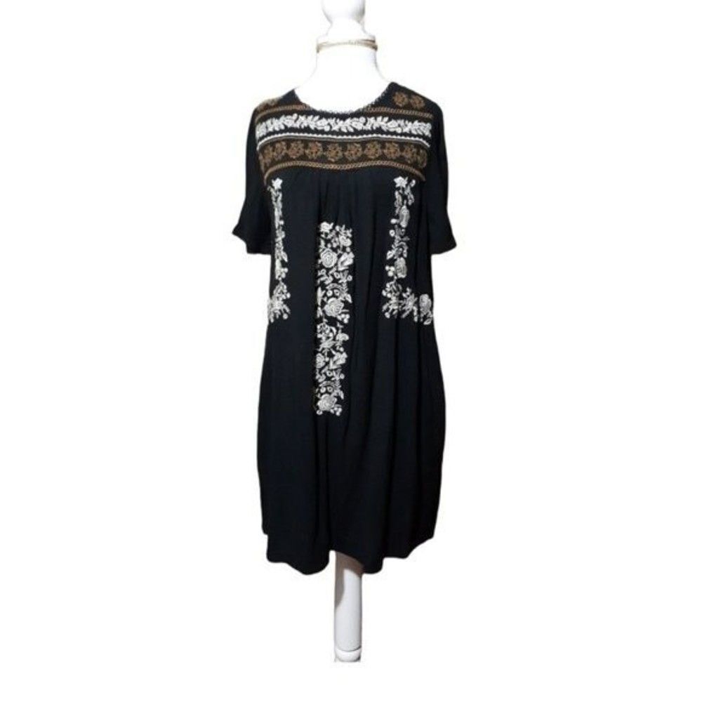 Knox Rose Women's Black Embroidered Short Sleeves Peasant Boho Tunic Dress Sz XS